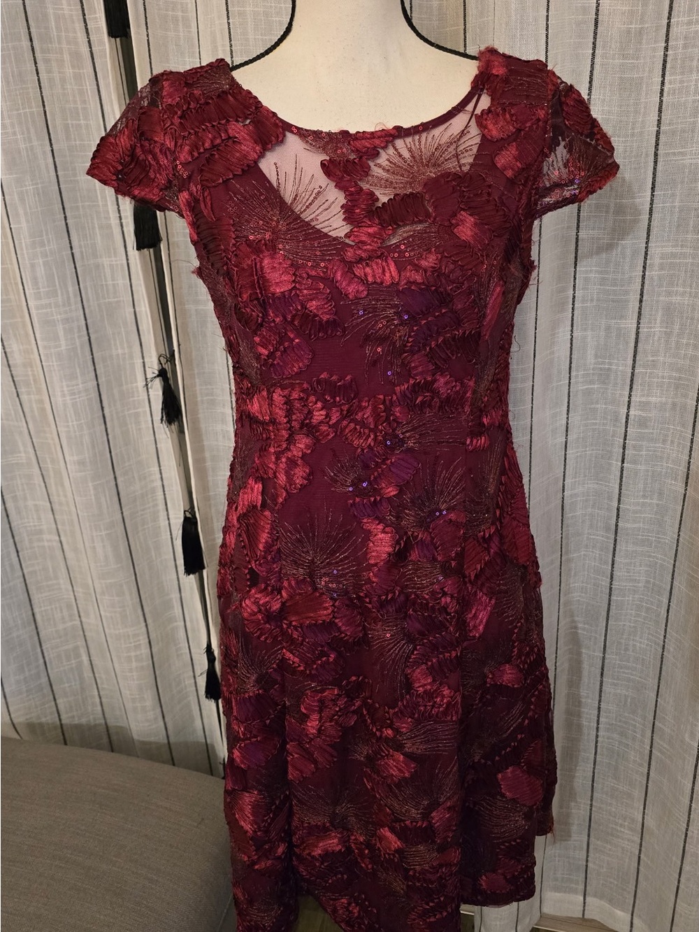 Alex Evenings Red Wine Floral Lace Midi Dress